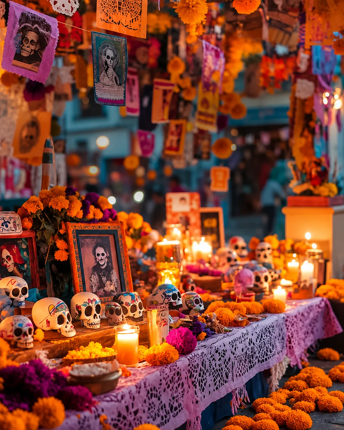 Ofrenda de Día de Muertos iluminada con velas y flores de cempasúchil